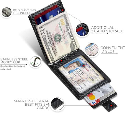 Miniatura 86 de SERMAN BRANDS - Billetera sencilla de cuero genuino con bloqueo RFID para hombre, billetera delgada con bolsillo frontal y clip para dinero