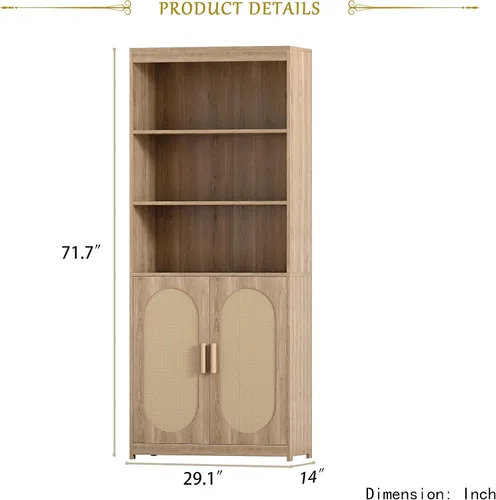Miniatura 2 de SSLine Gabinete bohemio de ratán para oficina en casa de 71 pulgadas de alto, estantería de madera con 3 puertas decorativas de ratán y 3 estantes