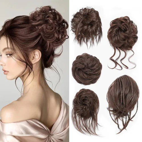 Miniatura 20 de 5 piezas de extensiones de cabello para moños desordenados con banda elástica de goma para mujeres, extensiones de cola de caballo con horquillas