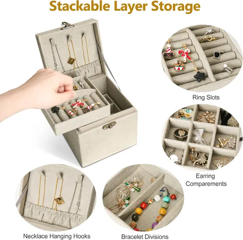 Miniatura 4 de INMORVEN Pequeño organizador de joyeros, estuche de terciopelo de 3 capas, organizador de joyas para mujeres y niñas, organizador de aretes, caja
