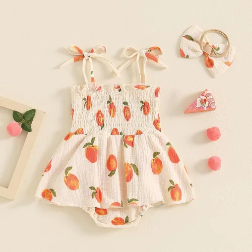 Miniatura 105 de Mameluco para bebés y niñas de 3, 6, 9, 12, 18 meses, enterizo de manga corta, fruncido, faldas y dobladillo, diadema