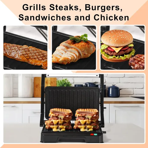 Miniatura 7 de UVFAST Mini Prensa para Panini y Parrilla Sandwichera Eléctrica 3 en 1, Prensa para Panini y Parrilla Sandwichera, Abre 180 Grados para Parrilla