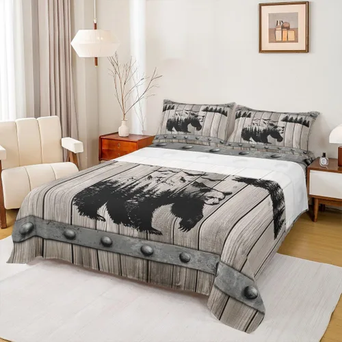 Miniatura 46 de Rustic Lodge - Juego de sábanas tamaño individual con diseño de oso y alce, diseño de retazos, color rojo y negro, a cuadros, ropa de cama de Multi