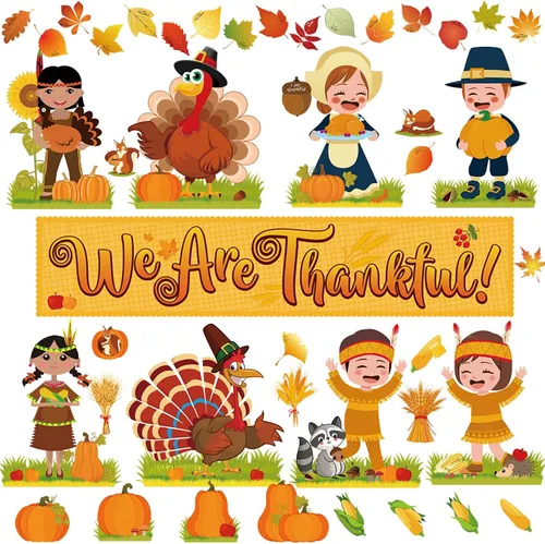 Chinco Juego de 64 tablones de anuncios de Acción de Gracias, otoño, otoño, decoración de tablón de anuncios con texto en inglés "We Are Thankful",