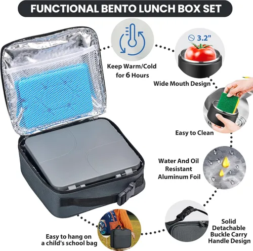 Miniatura 3 de Lonchera Bento con termo de sopa de 8 onzas, a prueba de fugas, 4 compartimentos, para niños, con taza de salsa y bolsa de hielo, tarro de comida