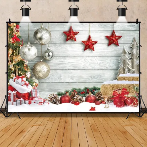 Leowefowa Fondo de vinilo de 5 x 3 pies para fotos de Navidad, piso de madera blanca, copo de nieve, fondo de fotografía de árbol de Navidad, Año