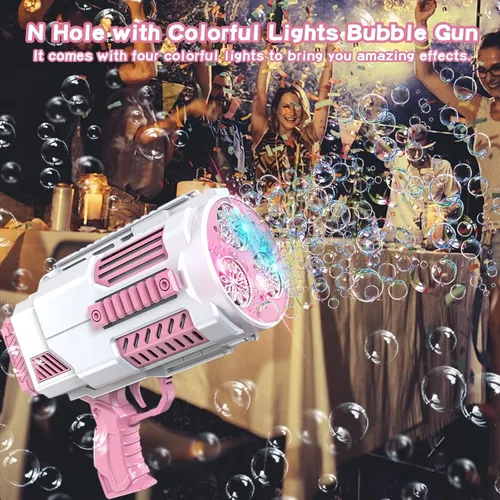 Miniatura 6 de Ametralladora de burbujas para niños, pistola de burbujas con luces coloridas y miles de burbujas, juguete al aire libre, fiesta de cumpleaños