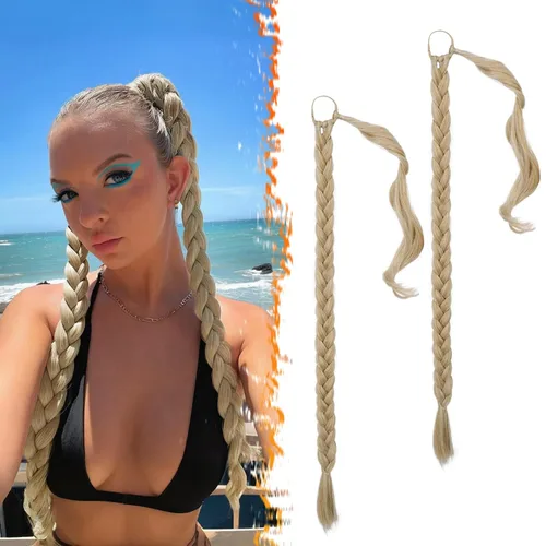 Miniatura 46 de Barsdar Extensión de 26 Pulgadas de Cola de Caballo Trenzada Larga con Banda Elástica - Extensiones de Cabello en Cola de Caballo Recta y Elegante