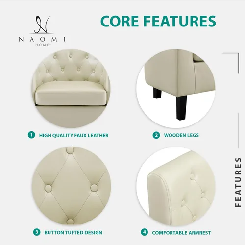 Miniatura 4 de Naomi Home Emma - Silla acentuada con botones copetados de imitación de cuero, silla de barril estilo midcentury moderno, sillón cómodo, sillas