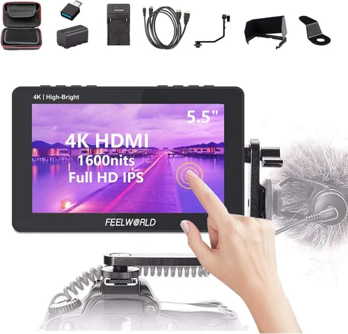 FEELWORLD Batería F6 Pro +NP-F970, cargador, kit de estuche de almacenamiento, pantalla táctil HDMI 4K de 5.5 pulgadas Monitor en cámara 1600nits de