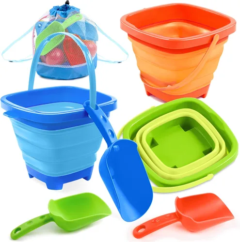Sloosh Paquete de 3 juguetes plegables de arena, cubo cuadrado plegable de silicona para playa con 3 palas para jugar en caja de arena, fiesta en