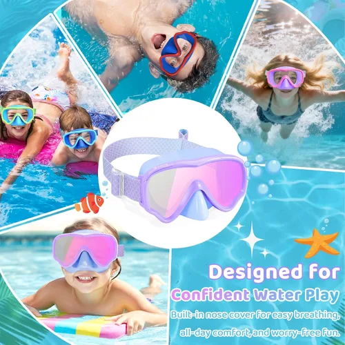 Miniatura 8 de Vvinca Kids-Goggles with Nose Cover, Diving Mask Elastic Fabric Strap Anti Fog Anti Shattered Lens for Kids Swim Goggles 3-14