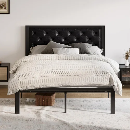 Miniatura 8 de Allewie Base de cama individual con cabecera tapizada de piel sintética, diseño elegante con costuras de diamante, no necesita somier, color negro
