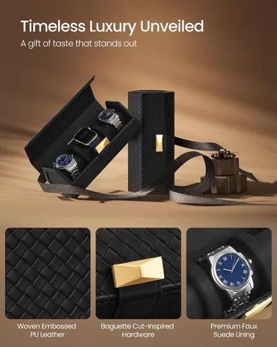 Miniatura 26 de SONGMICS 24 organizador y exhibidor negro de calidad superior, de vidrio, con funda para reloj, de piel sintética UJWB024