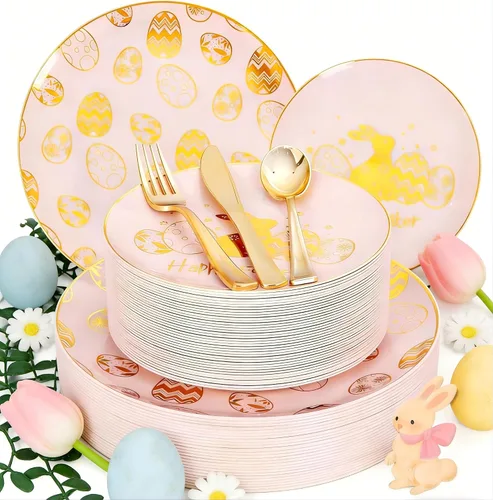 Miniatura 9 de Liacere - 150 platos de plástico plateado transparente y cubiertos desechables de plástico plateado con mango de bambú con purpurina - Platos