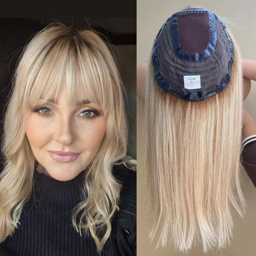 Miniatura 15 de Cubrecabello humano real de seda de 5 x 5.5 pulgadas, tamaño de la gorra, cobertura de corona de cabello lacio Remy, pieza de cabello atado a mano 2#