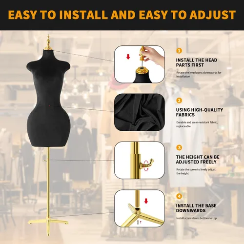 Miniatura 3 de Maniquí femenino de velour negro, con soporte de trípode ajustable en altura, para ropa y joyería, forma de vestido y exhibición de joyería