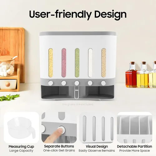 Miniatura 4 de Dispensador de arroz con taza, dispensador de alimentos secos de 5 rejillas montado en la pared, cubo de arroz, contenedor de almacenamiento