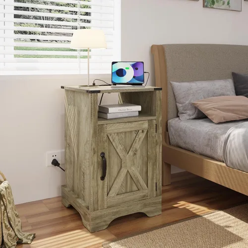 FansaFurn Mesita de noche de granja con estación de carga, mesa auxiliar rústica de madera para dormitorio, sala de estar, 16 pulgadas de Gris claro