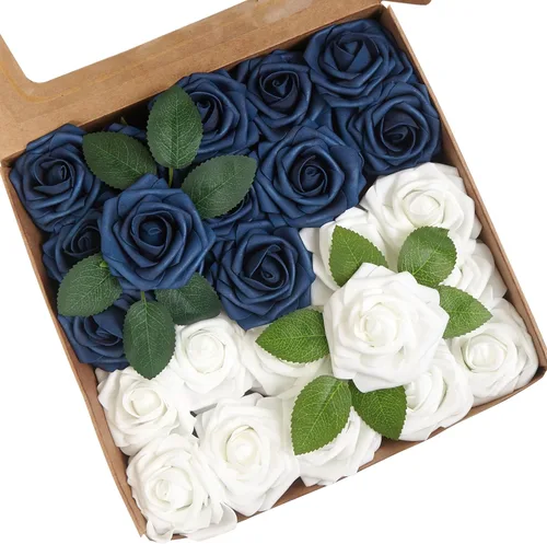 Miniatura 17 de Flores artificiales, 25 piezas, rosa artificial azul bebé para ramos de boda, centros de mesa, arreglos, flor falsa con tallos para decoración