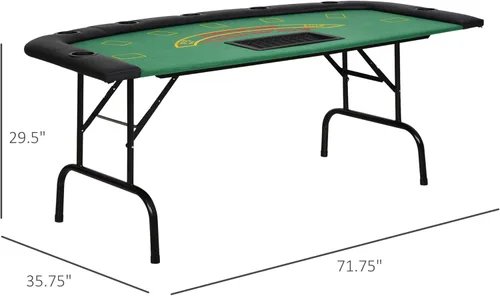 Miniatura 7 de Soozier Mesa de póquer plegable, mesa de blackjack de 72 pulgadas para 7 jugadores con soporte para fichas y tazas, fieltro verde
