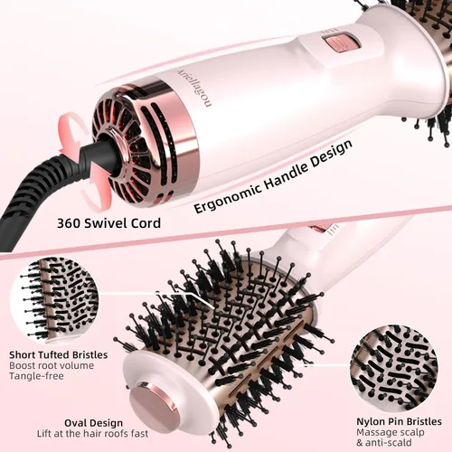 Miniatura 4 de Cepillo secador de pelo de viaje de doble voltaje, mini cepillo de aire caliente con enchufe europeo, secador de un paso y voluminizador para uso