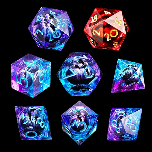 DND Juego de dados de 8 piezas con ojo de dragón extra D20-Beholder's Eye Liquid Core Sharp Edge Resina poliédrica hecha a mano 2 × D20 D4 D6 D8 D10