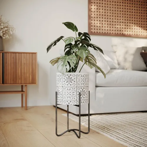 Miniatura 6 de EverNest Tristan - Maceta neutra de diseño bohemio blanco y negro con soporte Ambrose, macetas SelectBase para plantas