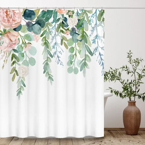 Miniatura 8 de Tititex Blomming - Cortina de ducha floral blanca brillante, hojas verdes acuarela en la parte superior, decoración de baño de planta