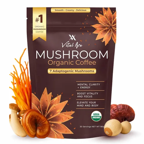 Miniatura 10 de Café en polvo orgánico de hongos con melena de león y 7 adaptógenos – Mejor energía, enfoque, inmunidad y salud intestinal – Mezcla de café