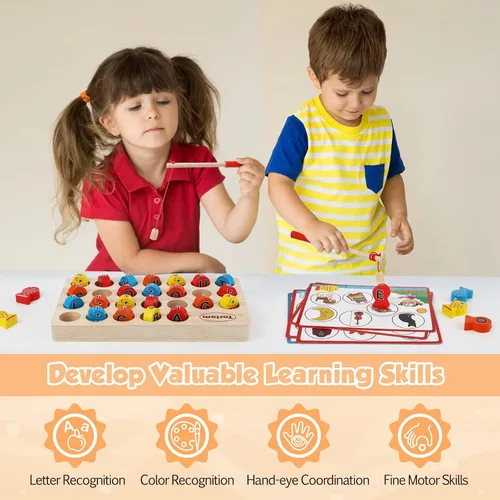 Miniatura 3 de Torlam Juguete magnético de pesca de madera para niños pequeños, juguete de habilidad motora fina, aprendizaje del alfabeto ABC para niños pequeños