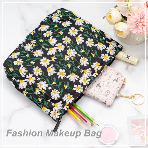 Miniatura 4 de Bolsas de maquillaje PAZIMIIK para bolso con cremallera, estuche cosmético, negro (Daisy Black), Floral