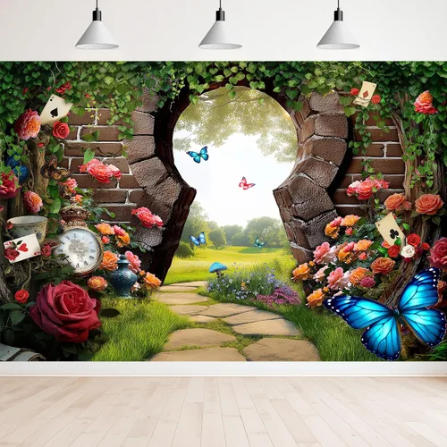 Miniatura 12 de Newsely Telón de Fondo Alicia en el País de las Maravillas para Fiesta de Té, Foto, 5Wx7H, Fotografía, Tablero de Ajedrez, Valla de Hierba Verde