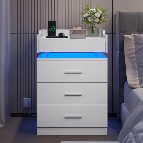 Miniatura 7 de HAUOMS Mesita de noche grande con estación de carga y luz LED, mesa auxiliar con 3 cajones y estante extraíble, mesita de noche con puertos USB