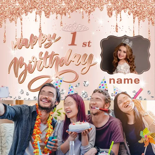 Miniatura 6 de Cartel personalizable de oro rosa para decorar el primer cumpleaños con nombre y foto MGJB-NLK-1er