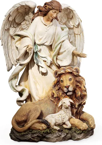 Joseph's Studio by Roman - Ángel de la guarda con figura de león y cordero en la base, colección renacentista, 9.25 pulgadas de alto, resina y