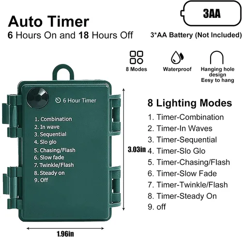 Miniatura 3 de ASENEK Tira de luces LED de Navidad, 33 pies, 100 luces LED para exteriores con temporizador y 8 modos, 3AA funciona con pilas, impermeable