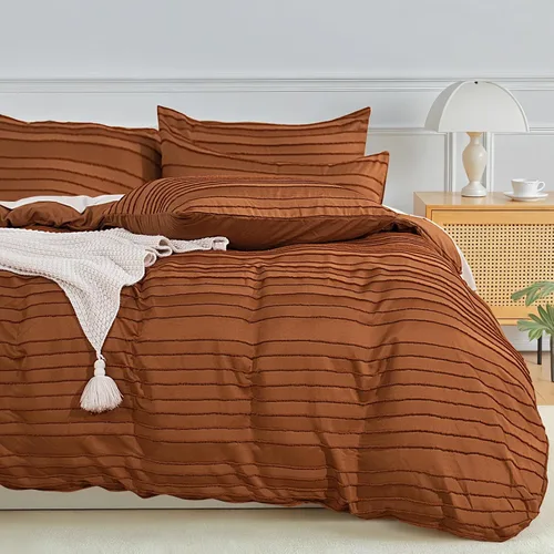 NEXHOME PRO Juego de funda de edredón tamaño matrimonial, color naranja brunt de 3 piezas, estilo bohemio, copetudo, suave y ligero, juego de funda