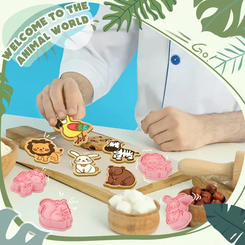Miniatura 5 de Hoolerry Juego de 16 cortadores de galletas de animales con émbolo en forma de animal en 3D, moldes para hornear galletas en relieve para galletas