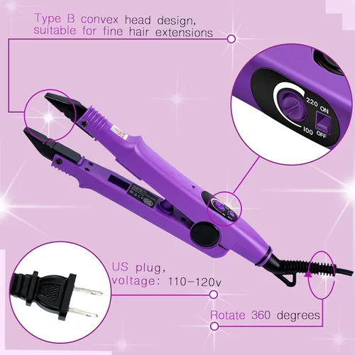 Miniatura 3 de Lothee Herramienta de extensiones de cabello Fusion con pegamento de queratina, cuentas de gránulo, enchufe estadounidense, cabeza B (morado)