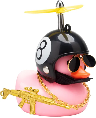 Miniatura 9 de wonuu Adornos de pato de goma para tablero de automóvil, juego de decoraciones de pato rosa con casco de hélice, lentes de sol, cadena dorada