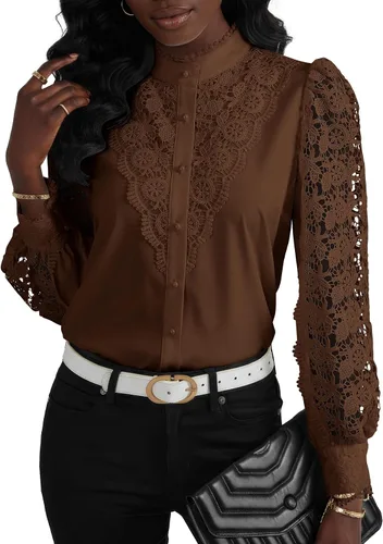Miniatura 3 de Rooscier Blusa Elegante de Encaje de Crochet con Cuello Alto Simulado de Manga Larga con Botones para Mujer Top