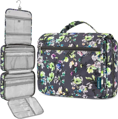 Miniatura 10 de PAVILIA Neceser colgante para mujeres y hombres, organizador de cosméticos plegable, bolsa de viaje, bolsa de maquillaje resistente al agua
