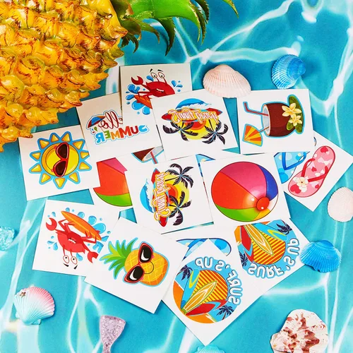 Miniatura 4 de Patelai 144 tatuajes temporales de verano, tatuajes de playa, hawaianos Luau, regalos de fiesta, calcomanías tropicales impermeables Hola verano