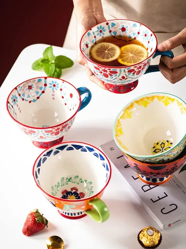 Miniatura 5 de Tazas de café de cerámica de gran capacidad pintadas a mano con patrón floral – Tazas jumbo, té, leche, cereales, taza de desayuno, juego de 4 – 14