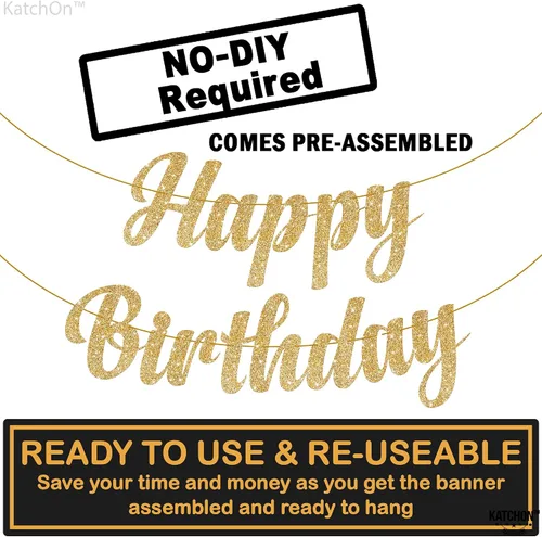 Miniatura 4 de KatchOn, Cartel de feliz cumpleaños dorado con purpurina – 10 pies, sin bricolaje Cartel dorado de feliz cumpleaños Cartel dorado de feliz Oro
