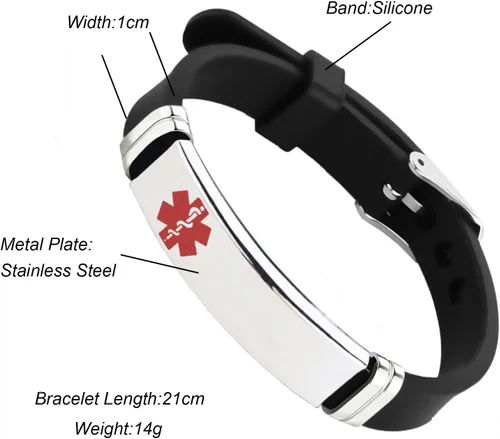 Miniatura 10 de TGLS Pulsera de identificación de alerta médica roja para mujeres y hombres de emergencia de primeros auxilios de alerta sanitaria grabada con láser