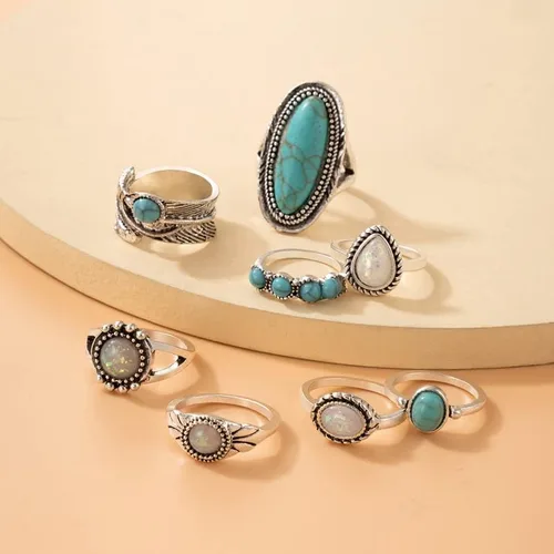 Miniatura 5 de Airvess Juego de anillos vintage para nudillos, anillos apilables de turquesa gruesa, anillos apilables de plata para los dedos, joyería bohemia