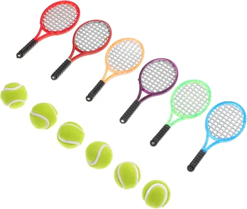 SUPVOX Juego de tenis en miniatura de 6 piezas, accesorios deportivos para casa de muñecas a escala 1:12, con raquetas y bolas, juguete realista