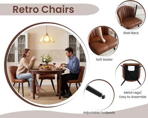 Miniatura 3 de EALSON Juego de 2 sillas de comedor modernas, asiento tapizado de piel sintética marrón con respaldo curvado y patas de metal, silla auxiliar sin PU